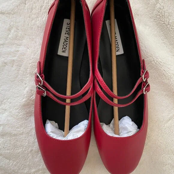 Red Leather Two-Strap Ballet Flats Steve Madden Mary Jane Size 8.5 - Picture 1 of 8